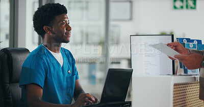 Buy stock photo Man, nurse and administration with document for consent form or medical appointment paperwork. Male person, clinic reception or health admin with laptop at front desk for patient visit or schedule