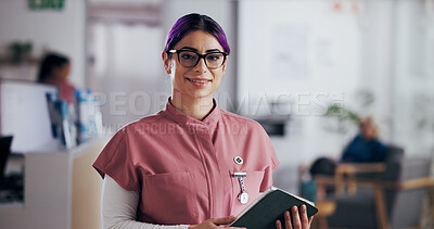 Buy stock photo Medical, portrait and tablet with nurse woman in clinic for insurance, records or schedule. App, healthcare and smile with happy medicine professional in hospital for internship or residency