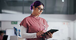Medical, planning and tablet with nurse woman in clinic for insurance, records or schedule. App, healthcare agenda and research with medicine professional in hospital for internship or residency
