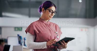 Buy stock photo Medical, planning and tablet with nurse woman in clinic for insurance, records or schedule. App, healthcare agenda and research with medicine professional in hospital for internship or residency