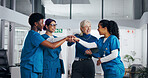 Team, hands together and medical people in hospital for support, healthcare mission and trust. Health, medicine and group of nurses with director for professional community, stack and collaboration