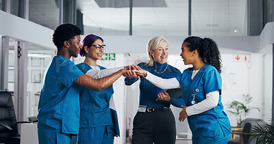 Buy stock photo Team, hands together and medical people in hospital for support, healthcare mission and trust. Health, medicine and group of nurses with director for professional community, stack and collaboration