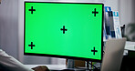 Person, nurse and computer with green screen at hospital for file update, typing report and medical. Pc, mockup space and healthcare worker of administration, patient records and schedule information