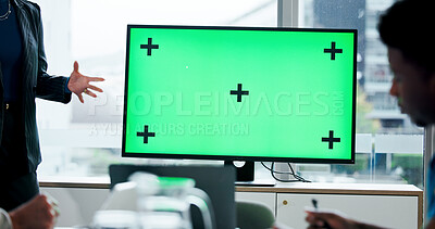 Buy stock photo Green screen, presentation and people in meeting for information, news or UI for slideshow. Corporate pitch, report or feedback with mockup space, monitor with display for business proposal in office