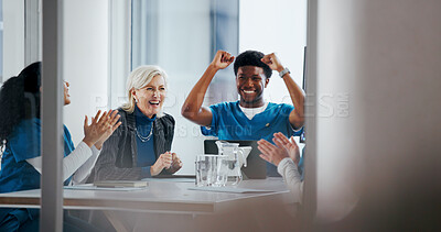 Buy stock photo Happy people, meeting and medical team with applause for winning, success or good news in office. Excited, group or healthcare employees clapping with smile in celebration for bonus or clinic funding
