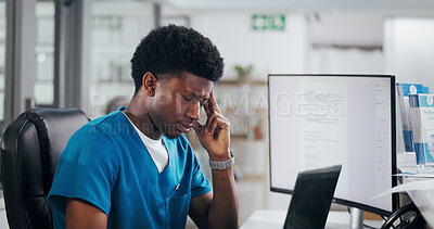 Buy stock photo Man, nurse or laptop with headache for online booking or medical admin anxiety. Black person, clinic administration and frustrated with computer, front desk and mistake for planning visit or schedule