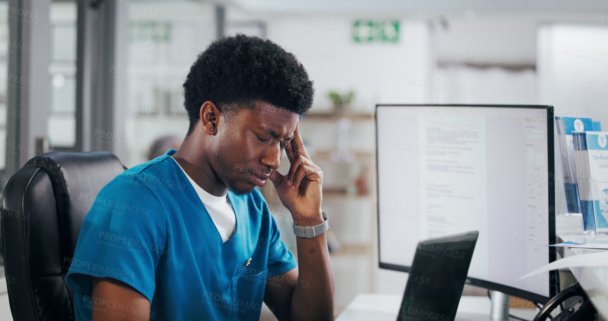 Buy stock photo Man, nurse or laptop with headache for online booking or medical admin anxiety. Black person, clinic administration and frustrated with computer, front desk and mistake for planning visit or schedule