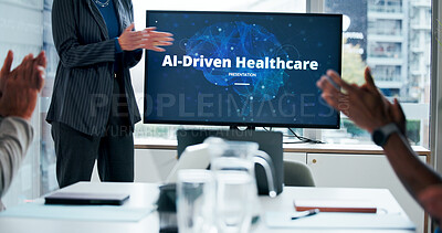 Buy stock photo Applause, computer screen and presentation with people in hospital for AI driven healthcare. Display, innovation and seminar with medical team clapping in clinic boardroom for celebration or success