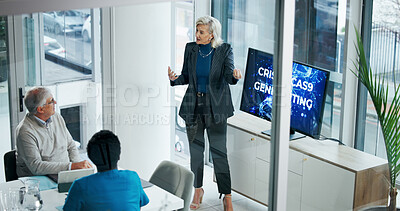 Buy stock photo Presentation, hospital and monitor with healthcare staff for discussion, innovation and cas9. Doctors, dna and talking of gene editing with people for medical research, collaboration and technology