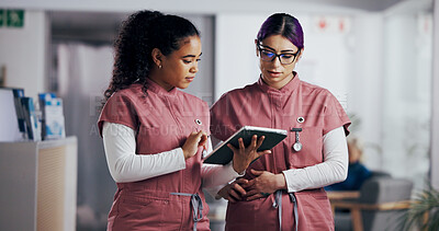 Buy stock photo Collaboration, medical and tablet with nurse women in clinic for insurance, records or schedule. App, conversation and healthcare with medicine professionals in hospital for internship or residency