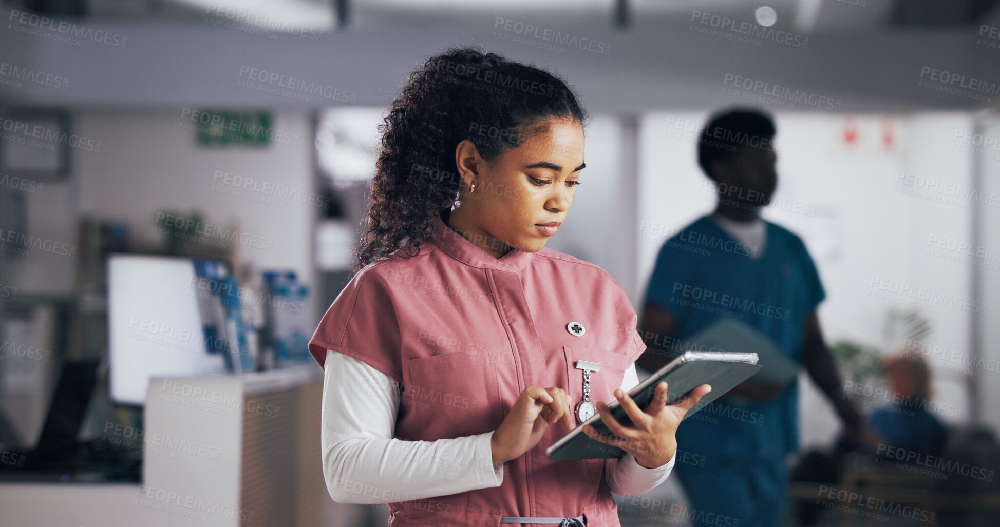 Buy stock photo Medical, research and tablet with nurse woman in clinic for insurance, records or schedule. App, healthcare and information with medicine professional in hospital for internship or residency