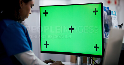 Buy stock photo Computer, green screen and medical with nurse in hospital for file update or typing report. Healthcare, mockup and research with medicine professional in clinic for insurance, records or wellness