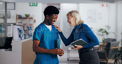 Buy stock photo Nurse, man and laughing with hospital manager for medical planning, schedule update and funny joke. People, meeting and tablet for surgery results, healthcare report and discussion for clinic funding