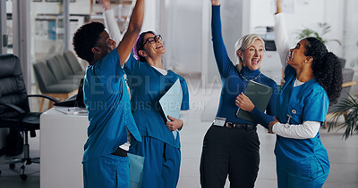 Buy stock photo Team, celebration and medical people in hospital for success, healthcare mission and happiness. Health, medicine and group of nurses with director for professional community, cheers and collaboration