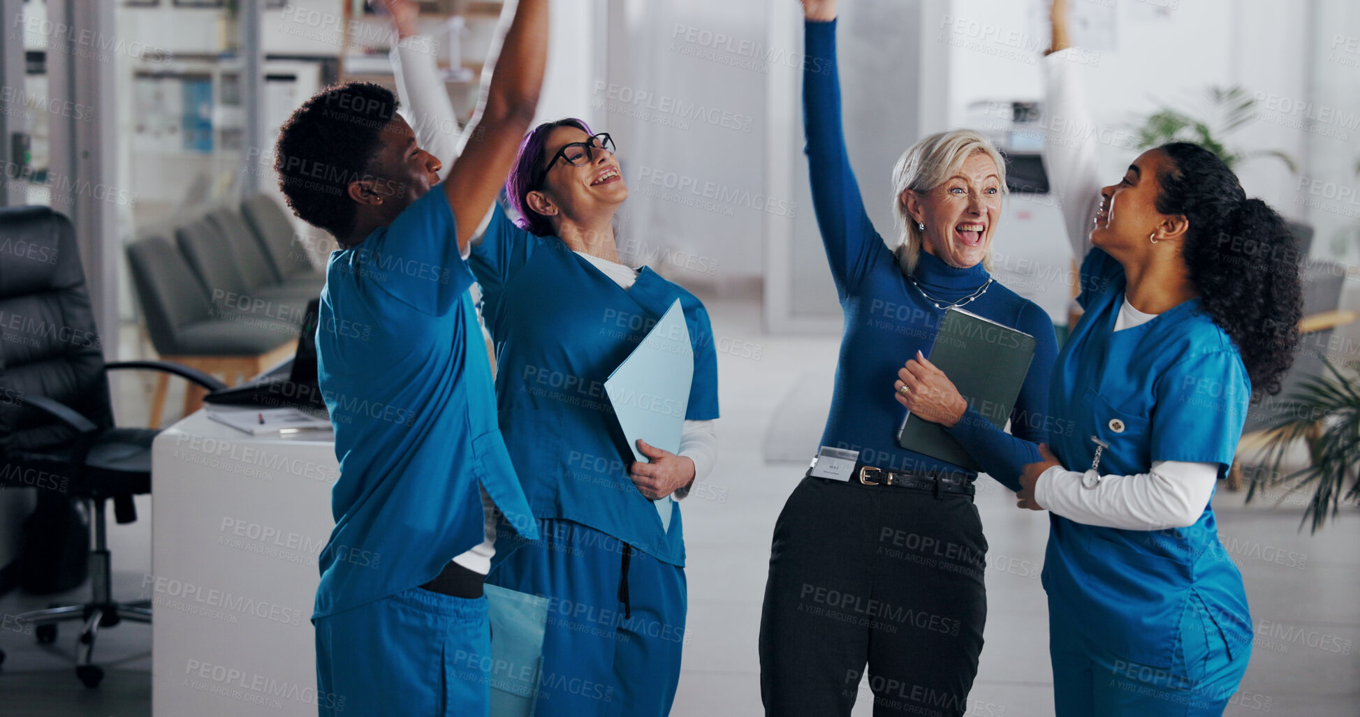 Buy stock photo Team, celebration and medical people in hospital for success, healthcare mission and happiness. Health, medicine and group of nurses with director for professional community, cheers and collaboration