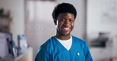 Buy stock photo Black man, nurse and portrait in hospital with smile, confidence and health professional. Healthcare, African person or medical intern in clinic for career development, pride and opportunity in Kenya