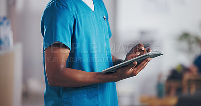 Buy stock photo Nurse, tablet and scroll with hands of man in hospital for patient history, symptoms chart or healthcare checklist. Doctor referral, treatment plan or medical report with person for test results