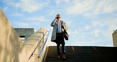 Buy stock photo City, phone call and stairs with business man outdoor for commute, travel or walking to work. Communication, conversation and steps with happy mature employee in urban town for update from below
