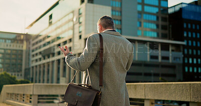 Buy stock photo Business man, phone call and back outdoor with lawyer travelling to court, commute or case discussion. Attorney, trial and walking city with communication, legal contact and sentencing negotiation