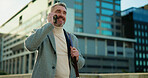 Happy, businessman or realtor with phone call in city for property, conversation or discussion. Mature, man or corporate real estate agent with smile on mobile smartphone for urban settlement in town