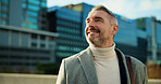 Business, thinking and man in city, smile and urban town with commute, decision and accounting. Mature person, outdoor and happy employee with choice, travel and journey with opportunity and New York