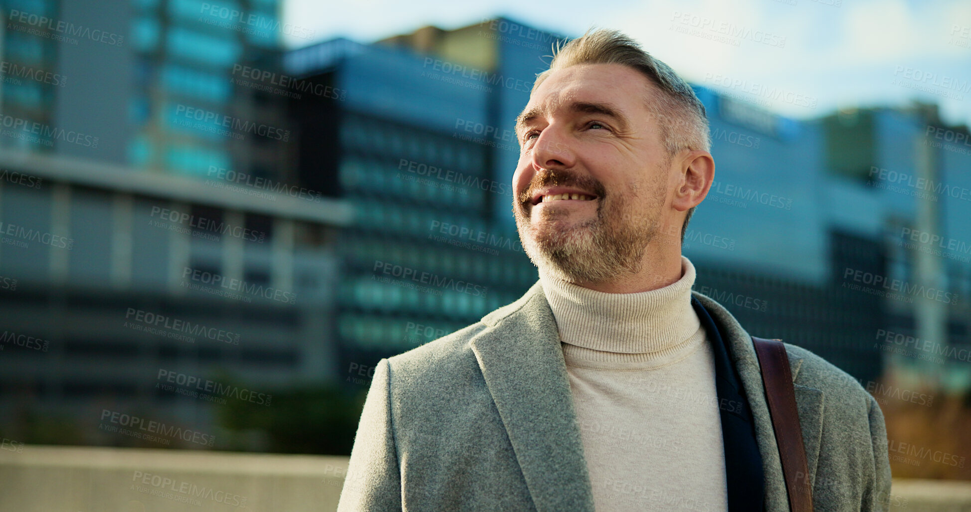 Buy stock photo Business, thinking and man in city, smile and urban town with commute, decision and problem solving. Mature person, outdoor or happy employee with choice, travel or ideas with opportunity in New York