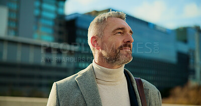 Buy stock photo Thinking, business and man travel in city for real estate,  ideas and vision of urban development. Mature realtor, commute and reflection for property choice, infrastructure and expansion opportunity