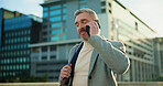 Mature, businessman or city with phone call for property, business negotiation or conversation. Man, employee or corporate real estate agent on mobile smartphone for asset deal in an urban settlement