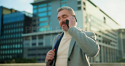 Buy stock photo Mature, businessman or city with phone call for property, business negotiation or conversation. Man, employee or corporate real estate agent on mobile smartphone for asset deal in an urban settlement