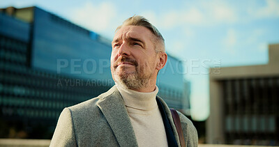 Buy stock photo Thinking, employee and mature man in city, urban planner and journey to work, commuting and outdoor. Morning, commuter and person with ambition for career growth, reflection or property development