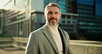 Serious, portrait and business man in city for property agent, real estate investment and travel. Confidence, urban developer and professional with mature person outdoor for opportunity and commute
