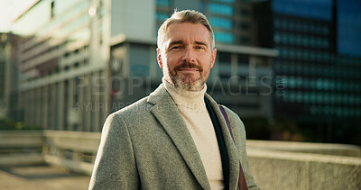 Buy stock photo Serious, portrait and business man in city for property agent, real estate investment and travel. Confidence, urban developer and professional with mature person outdoor for opportunity and commute