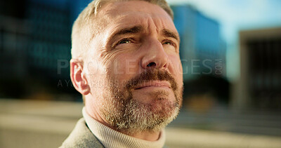 Buy stock photo Business, thinking and man in city, journey and urban town with opportunity, calm and accounting. Mature person, outdoor and employee with decision, choice and investor with problem solving and ideas