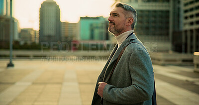 Buy stock photo Business, thinking and man in street, ideas or urban town with morning commute, calm or thoughtful. Mature person, outdoor or travel with decision, choice or journey with company future or profile