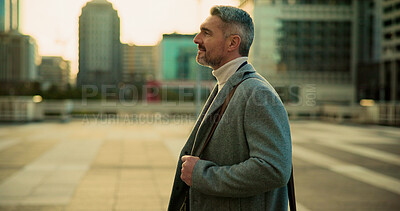 Business, thinking and man in city, commute or urban town with ideas, profile or wonder. Mature person, outdoor or thoughtful with decision, choice or contemplation  with opportunity or New York