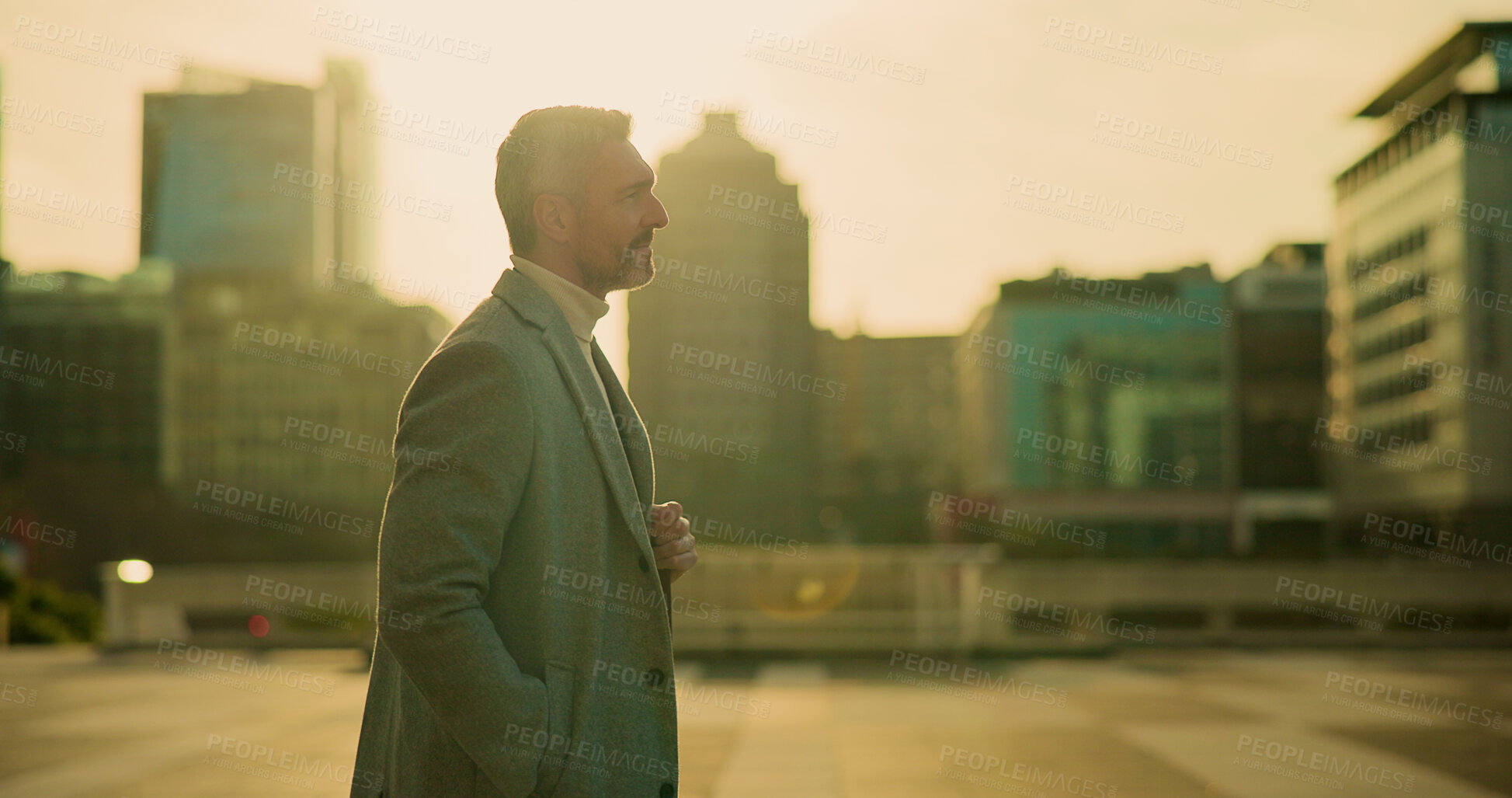 Buy stock photo Commuting, employee and mature man in city, urban planner and journey to work, traveller or outdoor. Profile, commuter and person with ambition for career growth, sunrise and pride for opportunity