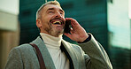 Business, phone call and man in city, funny and networking with communication, contact and smile. Mature person, outdoor and employee with cellphone, humor or conversation with app, joke and laughing