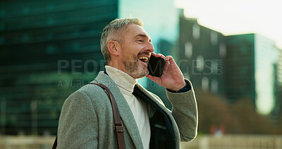 Buy stock photo Business, phone call and man with smile, outdoor and laughing with communication. Mature person, travel and employee with cellphone, funny or conversation with joke, urban town or humor in New York