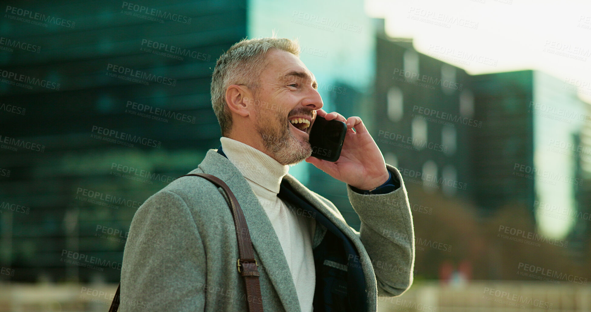 Buy stock photo Business, phone call and man with smile, outdoor and laughing with communication. Mature person, travel and employee with cellphone, funny or conversation with joke, urban town or humor in New York