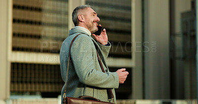 Buy stock photo Business, phone call and man in city, conversation and realtor with communication. Mature person, outdoor and real estate agent in street, smartphone and discussion with app, travel and chatting