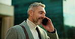 Business, phone call and man in city, travel and networking with communication. Mature person, outdoor and employee in street, cellphone or conversation with app, urban town and chatting with contact