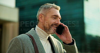 Buy stock photo Business, phone call and man in city, travel and networking with communication. Mature person, outdoor and employee in street, cellphone or conversation with app, urban town and chatting with contact