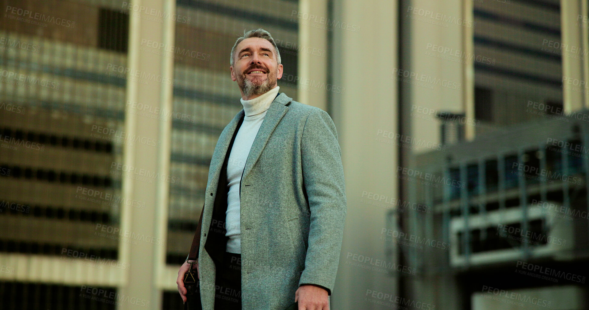 Buy stock photo Thinking, business and happy with man in city for real estate,  ideas and vision of urban development. Mature realtor, below and reflection for property plan, infrastructure and expansion opportunity