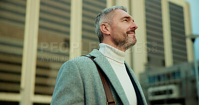 Buy stock photo Thinking, employee and man in city, travel or urban planner with pride for career or job opportunity. Morning, commuter and mature person with ambition for property development, reflection and vision