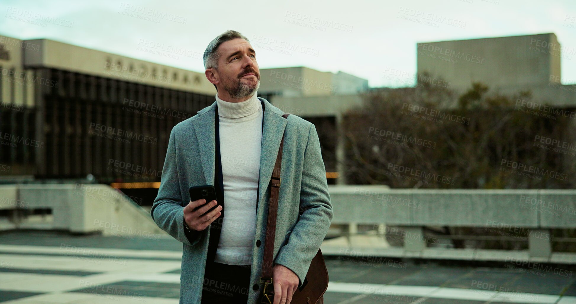 Buy stock photo Phone, thinking and business man in city for travel, reflection or vision with urban planner. Outdoor, mobile or mature employee with thoughts, decision or insight on work commute with town developer