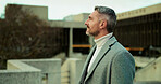 Thinking, smile and business man in city for property agent, real estate vision and travel. Reflection, urban developer and professional with mature person outdoor for opportunity, idea and commute