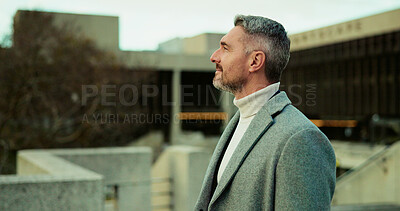 Buy stock photo Thinking, smile and business man in city for property agent, real estate vision and travel. Reflection, urban developer and professional with mature person outdoor for opportunity, idea and commute