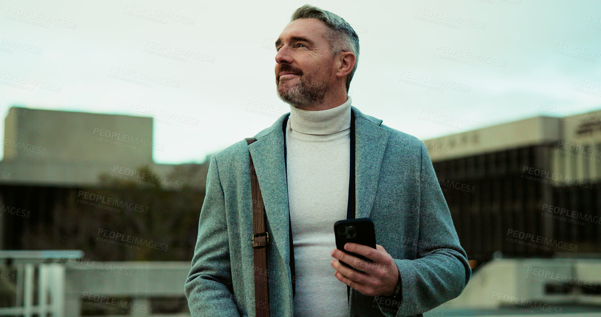 Buy stock photo Thinking, employee and man with smartphone, city and planning for property development or commuting. Reflection, urban planner and mature person with mobile in morning, vision and ambition for career