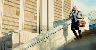 Buy stock photo Buildings, phone call and steps with business man in city for commute, travel or walking to work. Communication, conversation and staircase with happy mature employee outdoor in urban town for update