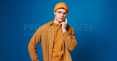 Buy stock photo Man, portrait and student thinking in studio for exam inspiration, problem solving or academic future by space. Mockup, mindset or memory with solution for college decision on blue background